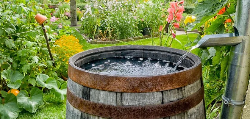 Water flowing into a home rain barrel setup in a garden.