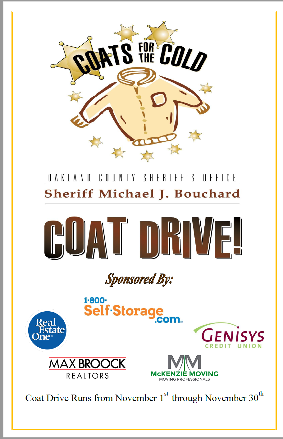 Coats for the Cold Flyer - Coat Drive sponsored by Sheriff Mike Bouchard, held November 1 to November 30th