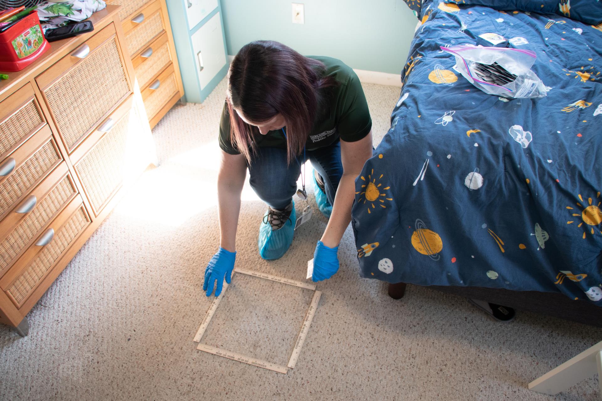 Public Health Sanitarian testing for lead on the carpet in a child's bedroom.