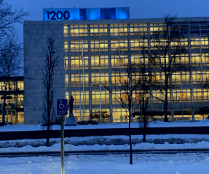 Circuit Court lit in Blue Light for the Detroit Lions.