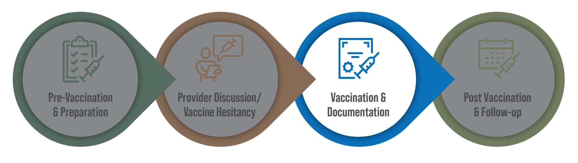 Vaccination and Documentation. Different icons of a calendar, checklist, award and person. Arrows directing from each step.