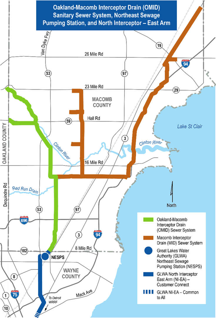 Map showing the boundaries of the Oakland-Macomb Interceptor Drain Sewer System.