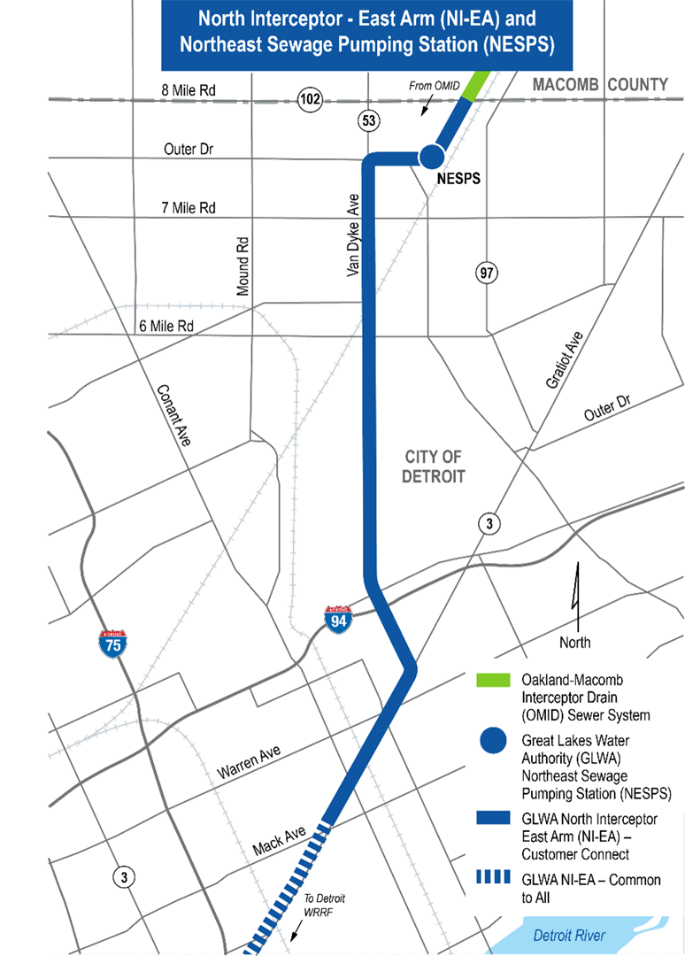 Map showing the path of the North Interceptor East Arm and the location of the Northeast Sewage Pumping Station.