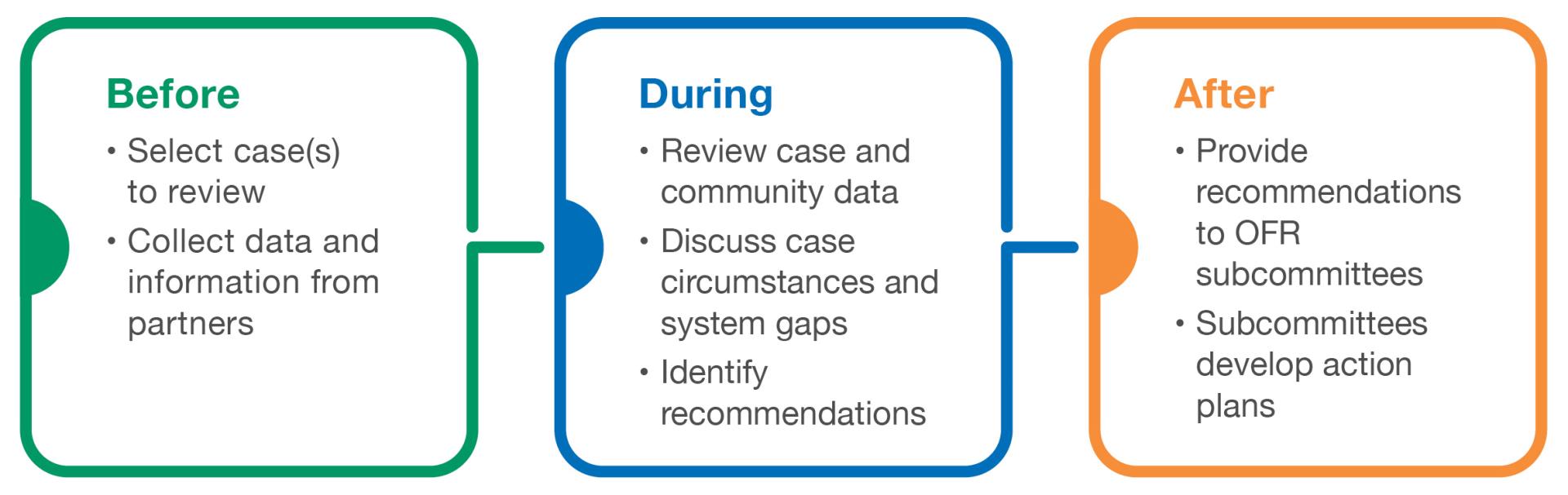 Before: Select case(s) to review, collect data and information from partners. During - Review case and community data, discuss case circumstances and system gaps, identify recommendations. After - Provide recommendations to OFR subcommittees, subcommittees develop action plans.