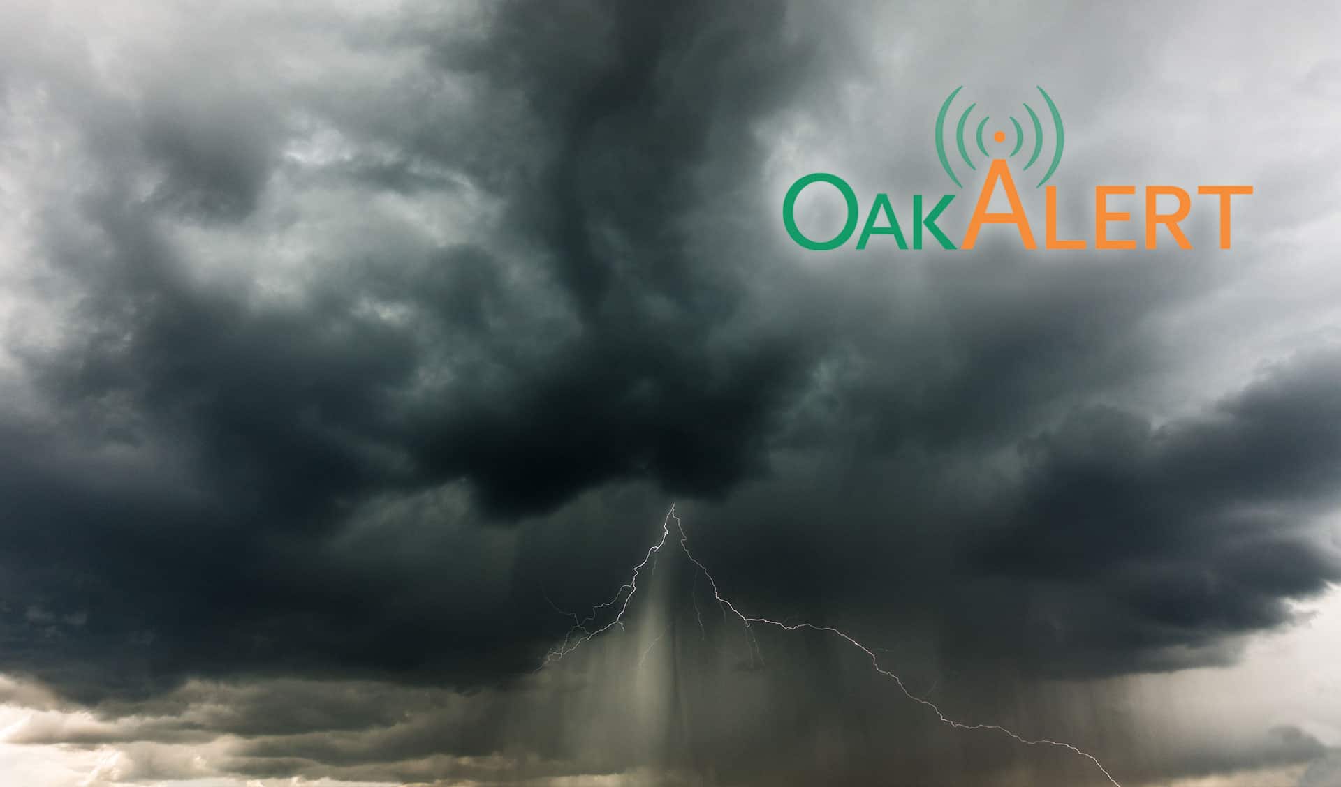 OakAlert logo overlayed on a raging tornado storm image.