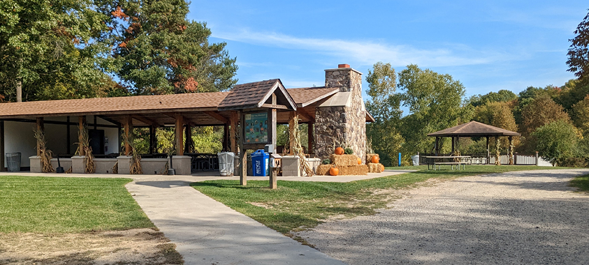 decorated pavilion with fall decor at Addison Oaks