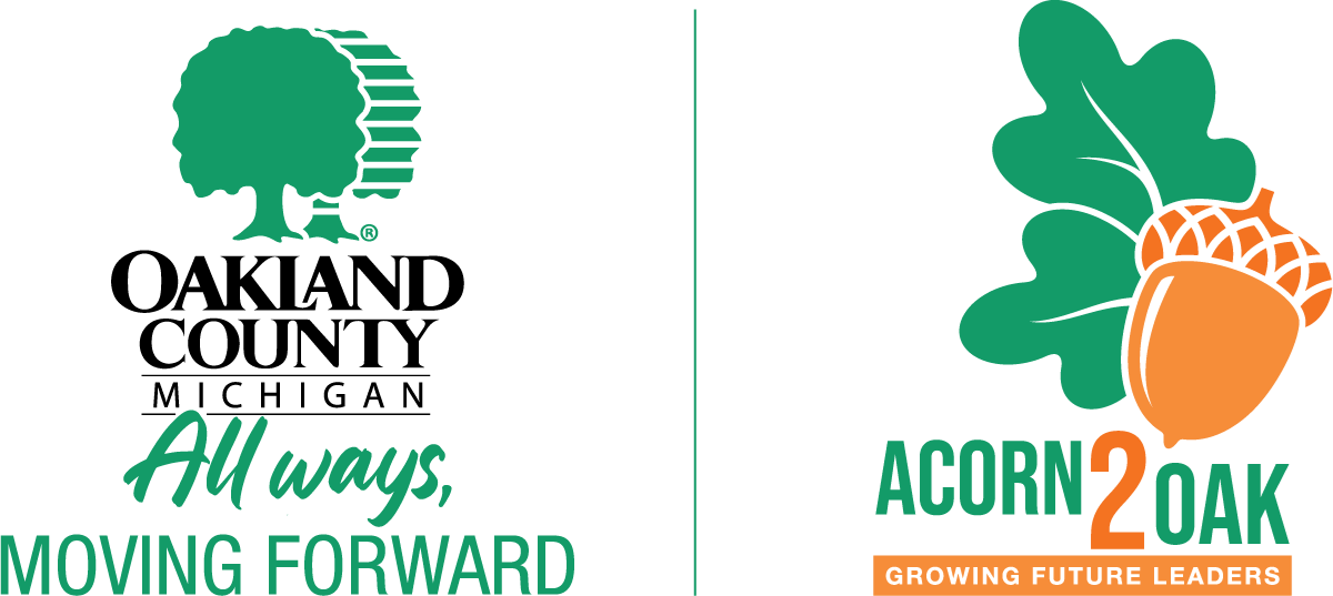 Oakland County All Ways, Moving Forward logo and Acorn2Oak Mini Grant Program logo