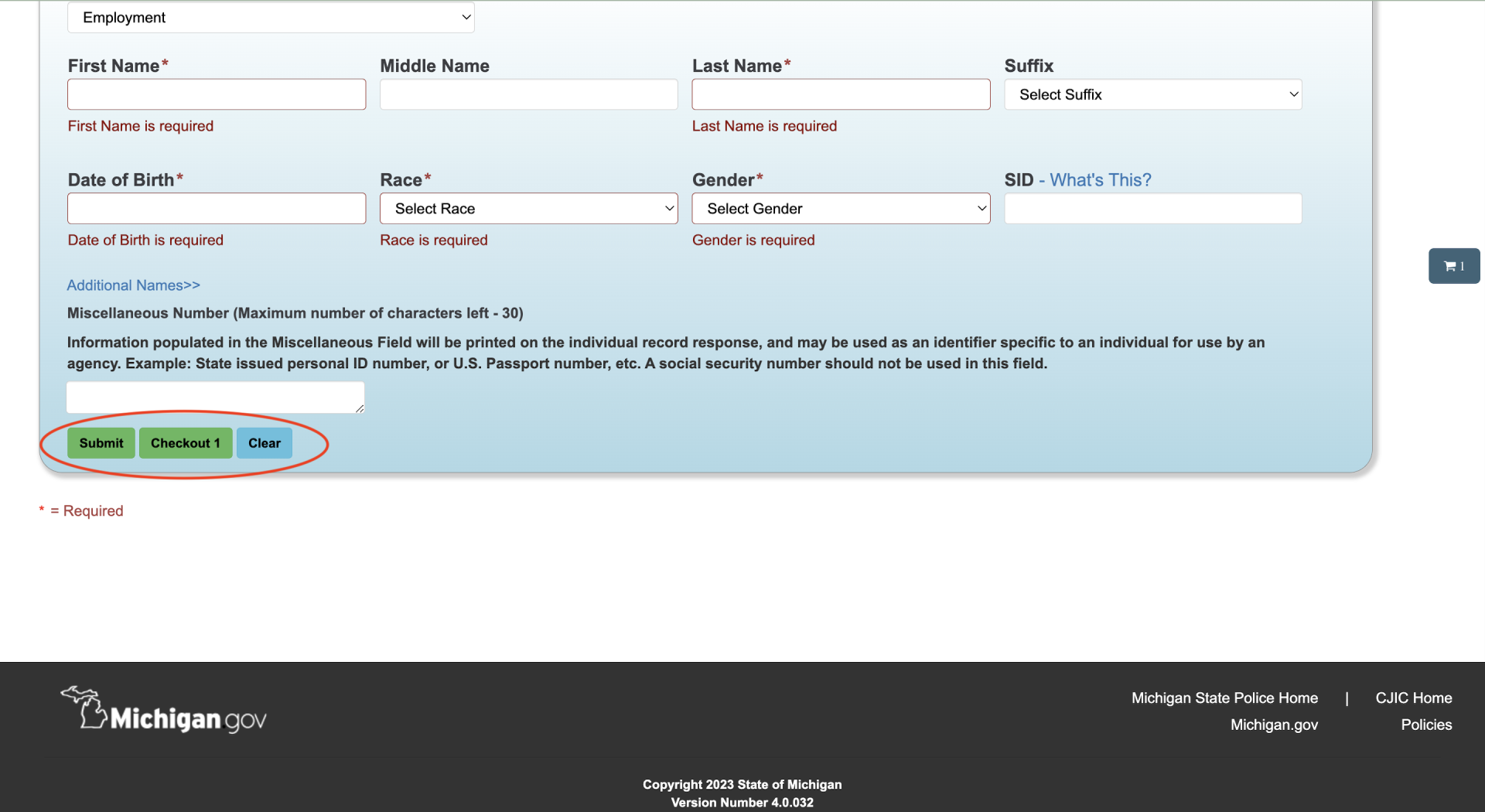 The next screen will show at the bottom in the “Checkout” box the number of searches you have requested. Remember, your automatic set-aside may take time to process. Each record request will cost $10.