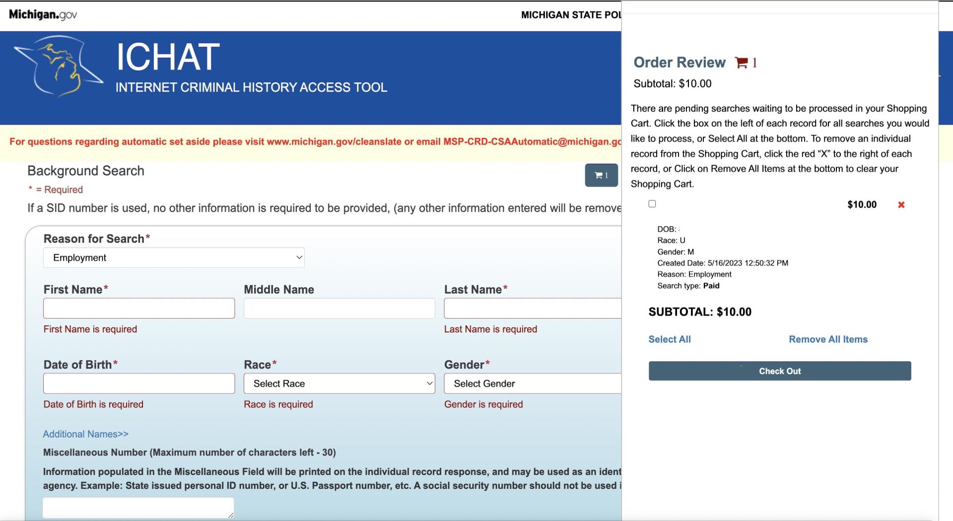 Once you click on the Checkout box, the next page will require you to check the box next to the name of the person you searched for and will also show the amount owed.