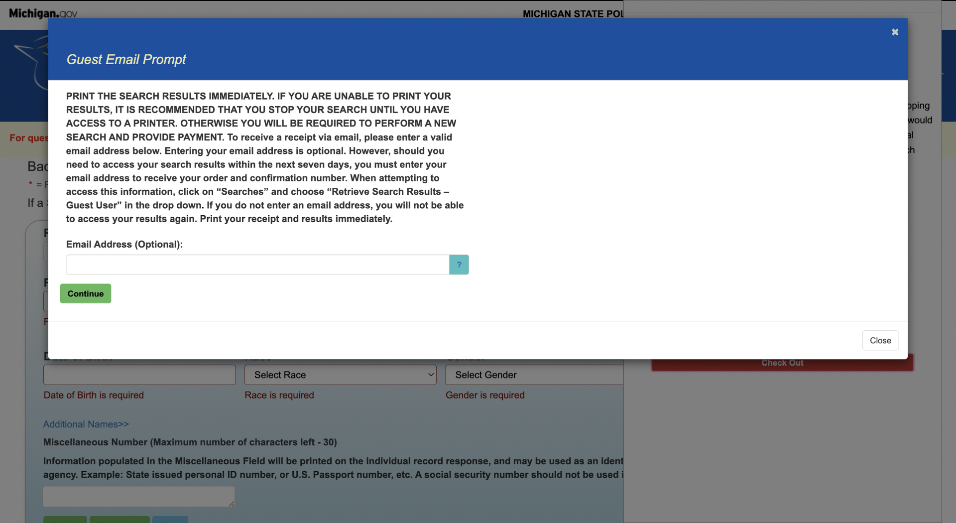 The next screen will ask you whether you have access to a printer if you want to print the search results (if not, you will be required to pay for a new search or download the search as a PDF to print at a later date) and if you would like a copy of the receipt to be sent to your email address.