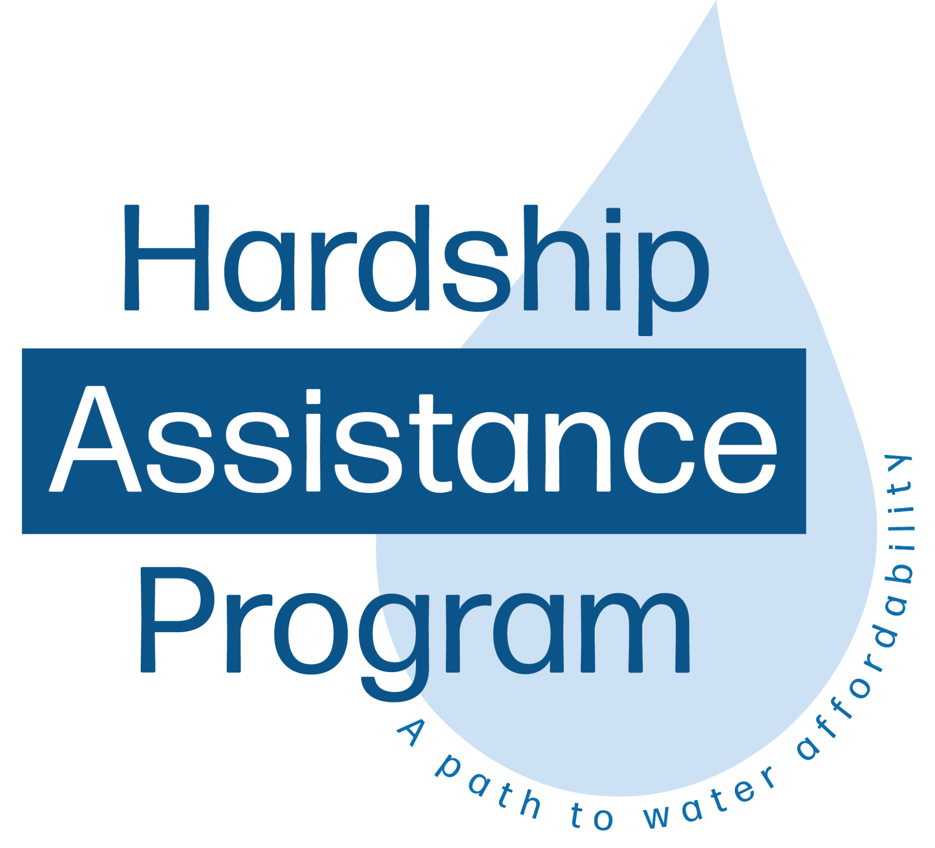 Hardship Assistance Program. A path to water affordability. Blue water drop behind text.